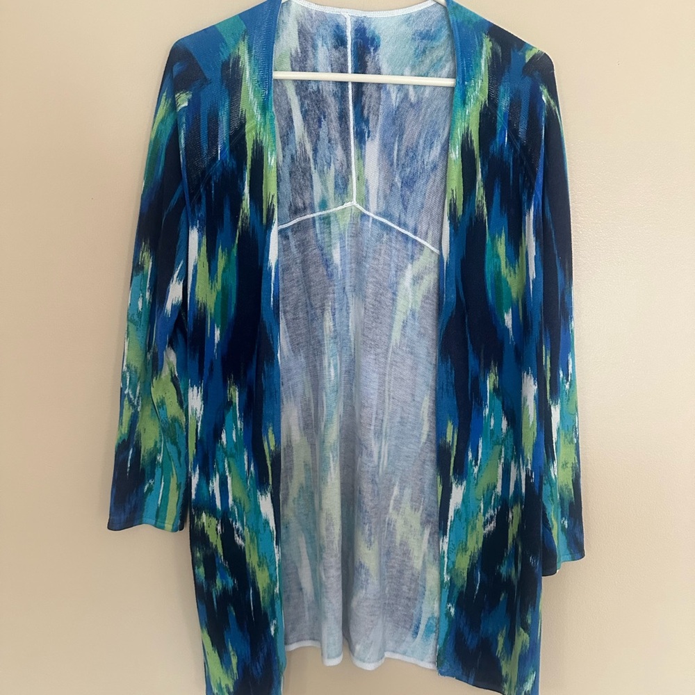 Chico's Blue and Green Open-Front Cardigan
